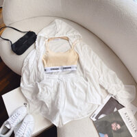 Set 3 món thể thao: Áo khoác crop nón trắng + Áo bra gymshark kem + Quần short trắng lưng thun