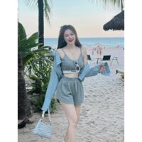 Set 3 món thời trang nữ mặc đi biển mùa hè chất tăm lạnh kèm khoác kaki quần lưng chun sang chảnh bo eo tôn dáng