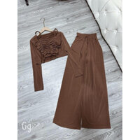 Set 3 món thun dẻo áo 2 dây nhúm  quần dài áo khoác nhẹ go