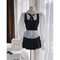 Set 3 Món Tiểu Thư Sơ Mi Trắng Tag Nơ Cổ + Áo Croptop Yếm Đen + Chân Váy / Kèm ảnh thật
