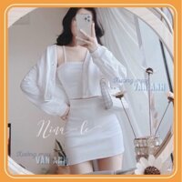 Set 3 món Váy body áo 2 dây croptop kèm cadigan dài tay đầm dáng ôm vip 73
