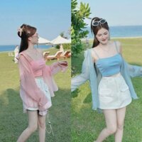 Set 3 món với 2 màu xinh iu trẻ trung năng động áo tăm hai dây phối chân váy kaki lưng thun chữ A kèm khoác tơ gãy