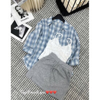 Set 3ct áo 2d sơ mi kẻ chân váy ngắn thun nỉ qc