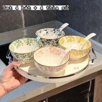 Set 4 Bát + 4 Thìa Sứ Hoạ Tiết Lá