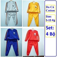 SET 4 Bộ đồ bộ dài bé trai trơn có bo quần-chất Da cá cotton-size 5-15kg-cho bé từ 3 tháng-4 tuổi