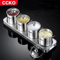 Set 4 hũ đựng gia vị CCKO inox 304 nắp thủy tinh kèm khay