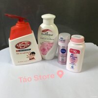 Set 4 món du lịch : 1 chai phấn thơm Johnson Baby 100g + 1 chai xịt Nivea nữ 35ml + 1 chai nước rủa tay Lifebuoy 120ml + TẶNG 1 chai Sữa Tắm Nước Hoa Enchanteur 100g