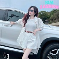 Sét 4 món nữ áo thun 3 lỗ ,áo khoác sơ mi lụa mix quần short chất Mango trẻ trung Kim Fashion, Sét trắng siêu HOT
