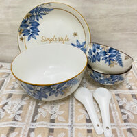 [Set 4 món tặng kèm muỗng sứ] Bộ bát ăn cơm họa tiết hoa SIMPLE vintage sang trọng.
