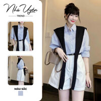 Set 4 món thời trang cho nàng đi chơi dạo phố cực năng dộng, set áo sơ mi sọc xanh tay dài phối quần đùi kèm khăn + nịt