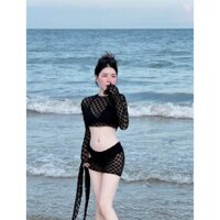 Set 4 món thời trang nữa mặc đi bơi chất tăm lạnh áo khoác ngoài len ren tay dài kèm khăn quấn siêu xinh