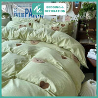 Set 4 Món Vỏ Chăn Ga Trải Giường Napbedding Gấu Teddy Bear Thêu Nổi Cotton Đũi Mềm Mại Fullsize