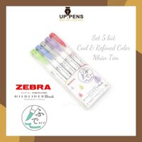 Set 5 bút brush viết calligraphy Zebra Mildliner Double-Sided Highlighter Brush - 5 Cool & Refined Color Set (Nhãn tím)