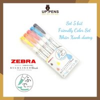 Set 5 bút brush viết calligraphy Zebra Mildliner Double-Sided Highlighter Brush - 5 Friendly Color Set (Nhãn xanh dương)