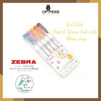 Set 5 bút brush viết calligraphy Zebra Mildliner Double-Sided Highlighter Brush - 5 Deep & Warm Color Set (Nhãn vàng)