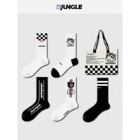 Set 5 Đôi Tất Cổ Cao Nam Nữ Unisex Họa Tiết Kẻ Ca Rô Đen Trắng Dễ Mix Đồ Kèm Túi Vải