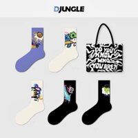 Set 5 Đôi Tất Cổ Cao Nam Nữ Unisex Họa Tiết Gấu Chữ Đáng Yêu Djungle Kèm Túi Vải