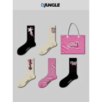 Set 5 Đôi Tất Cổ Cao Nam Nữ Unisex Chủ Đề Black Pink Barbie Hồng Đen Djungle Kèm Túi Vải