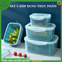 Set 5 Hộp Đựng Thực Phẩm Có Nắp Đậy Cao Cấp - Khay Nhựa Để Tủ Lạnh Kèm Rổ Ráo Nước Bảo Quản Thức Ăn An Toàn Tiện Lợi