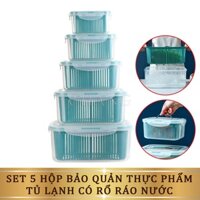 Set 5 Hộp Đựng Thực Phẩm Có Nắp Đậy Cao Cấp - Khay Nhựa Để Tủ Lạnh Kèm Rổ Ráo Nước Bảo Quản Thức Ăn An Toàn Tiện Lợi