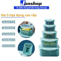 Sét 5 Hộp Đựng Thực Phẩm Có Nắp Đậy Cao Cấp - Khay Nhựa Để Tủ Lạnh Kèm Rổ Ráo Nước Bảo Quản Thức Ăn Tiện Dụng