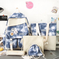 Set 5 Món Balo Đi Học Màu Loang Dễ Thương Vải Canvas Chống Nước Nhẹ