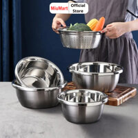 Set 5 thau rổ inox 304, Chậu rổ rửa trộn rau củ quả dày dặn tiện dụng - MIuMart