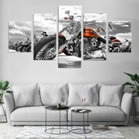 Set 5 Tranh Vải Canvas Hình Xe Mô Tô Màu Trắng Đen Trang Trí Nội Thất