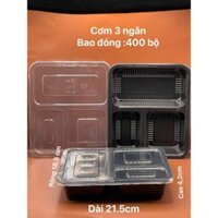 SET 50 khay cơm 3 ngăn MẠNH ĐỨC đế đen, nắp trong - Khay cơm văn phòng dùng 1 lần