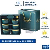 Set 6 Bát Sứ Ăn Cơm Kèm Đũa, Bộ Bát Sứ Xanh Viền Vàng Phong Cách Nhật Bản SP000308