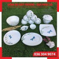 [SÉT 6 - Gồm 7 MÓN] 🍀 BỘ ĐỒ ĂN MEN KEM VẼ TRÚC CHUỒN 🍀[CAO CẤP BÁT TRÀNG] Bát, Đĩa, Tô, Chén Bát Tràng Sang Trọng ⚡