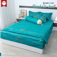 Set 7 món cotton satin, bộ chăn ga gối chần bông thêu hoa, ảnh thật , ga chần vỏ gối vỏ chăn H&T