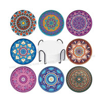 Set 8 đế lót ly gốm sứ và giá đỡ, lót cốc thấm hút nước họa tiết độc đáo có lớp gỗ bần chống trượt