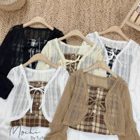 Set áo 2 dây caro phối áo khoác len móc có dây buộc mang siêu xinh