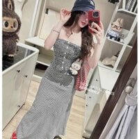 set áo 2 dây chân váy,áo 2 dây nữ ôm body phối chân váy dài kẻ caro C303