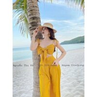 Set áo 2 dây croptop phối quần suông ống rộng