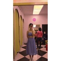 set áo 2 dây cúp ngực đệm mix chân váy sọc xanh đi biển hè 2022