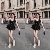 Set Áo 2 Dây In Thỏ Hoạt Tiết Nhúng Kèm Chân Váy Xòe Tầng Sang Chảnh - Thời Trang Dành Cho Nữ