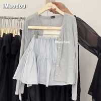 Set áo 2 dây kèm cardigan chống nắng + chân váy xanh ngọt ngào hàng order Quảng Châu hot hè 2024