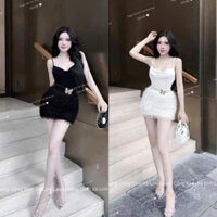 Set áo 2 dây nhũ váy lông kèm khoen