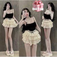 Sét áo 2 dây phối nơ và chân váy 3 tầng chấm bi