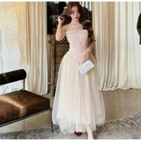 Set áo 2 dây phối ren có mút bo chun sau kèm chân váy dài maxi