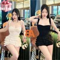 Sét áo 2 dây ren Nhún Ren có mút và chân váy 5 tầng lưng thun