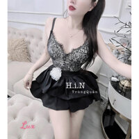 Set áo 2 dây ren nhún sau chân váy tầng tag bông