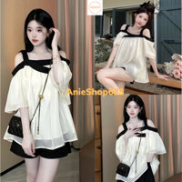 Set Áo 2 Dây Trễ Vai Chất Liệu Voan Tơ + Quần Tafta Phồng, Set Thiết Kế Tiểu Thư Set đồ nữ áo trễ vai babydoll voan tơ