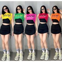 Set Áo 2 Lớp In Chữ Và Váy Rút Chất Thun Lạnh Co Giãn 4 Chiều Tập Gym Yoga Aerobic