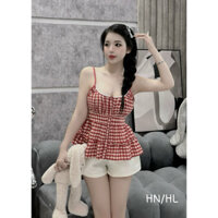Set áo 2s caro đỏ kèm quần short trắng hàng tk