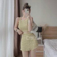 Sét áo 3 lỗ cổ tròn phom ngắn kèm chân váy  có LÓT  - Vàng chanh,Freesize