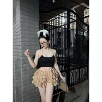 Set áo ba lỗ 2 dây xích váy ren tầng vàng sexy loại 1