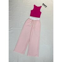 Set áo ba lỗ croptop kèm quần suông ống rộng kẻ caro cạp chun - S10